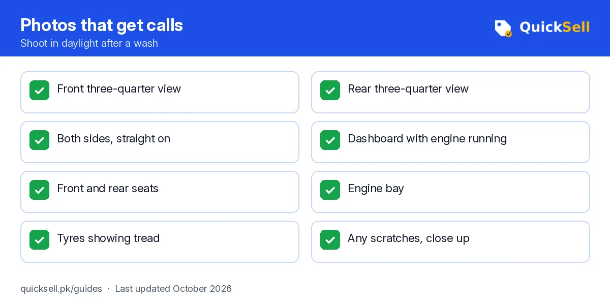 Checklist of eight photos for a car ad: front and rear angles, sides, dashboard, seats, engine bay, tyres and close-ups of scratches