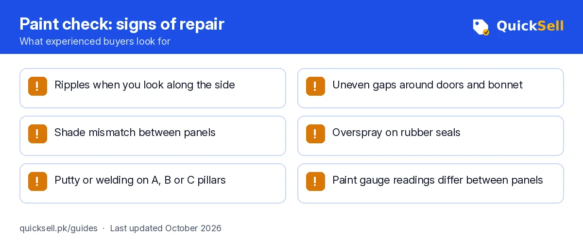 Checklist of six signs that a car has been repainted or repaired, including ripples, uneven gaps, shade mismatch and overspray
